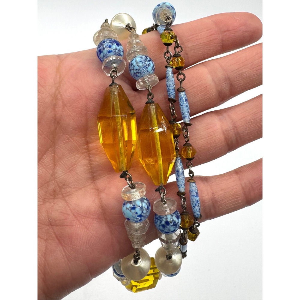 Vintage Art Glass Bead Necklace Amber UV Glow Cadmium Blue Speckled Brass Chain